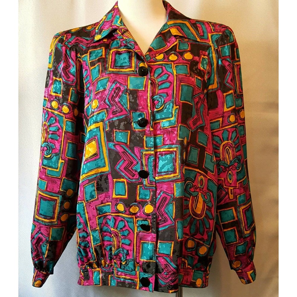 Da-Rue of California Multi-Color Geometric Long Sleeve Shirt Jacket Size 14 Vtg